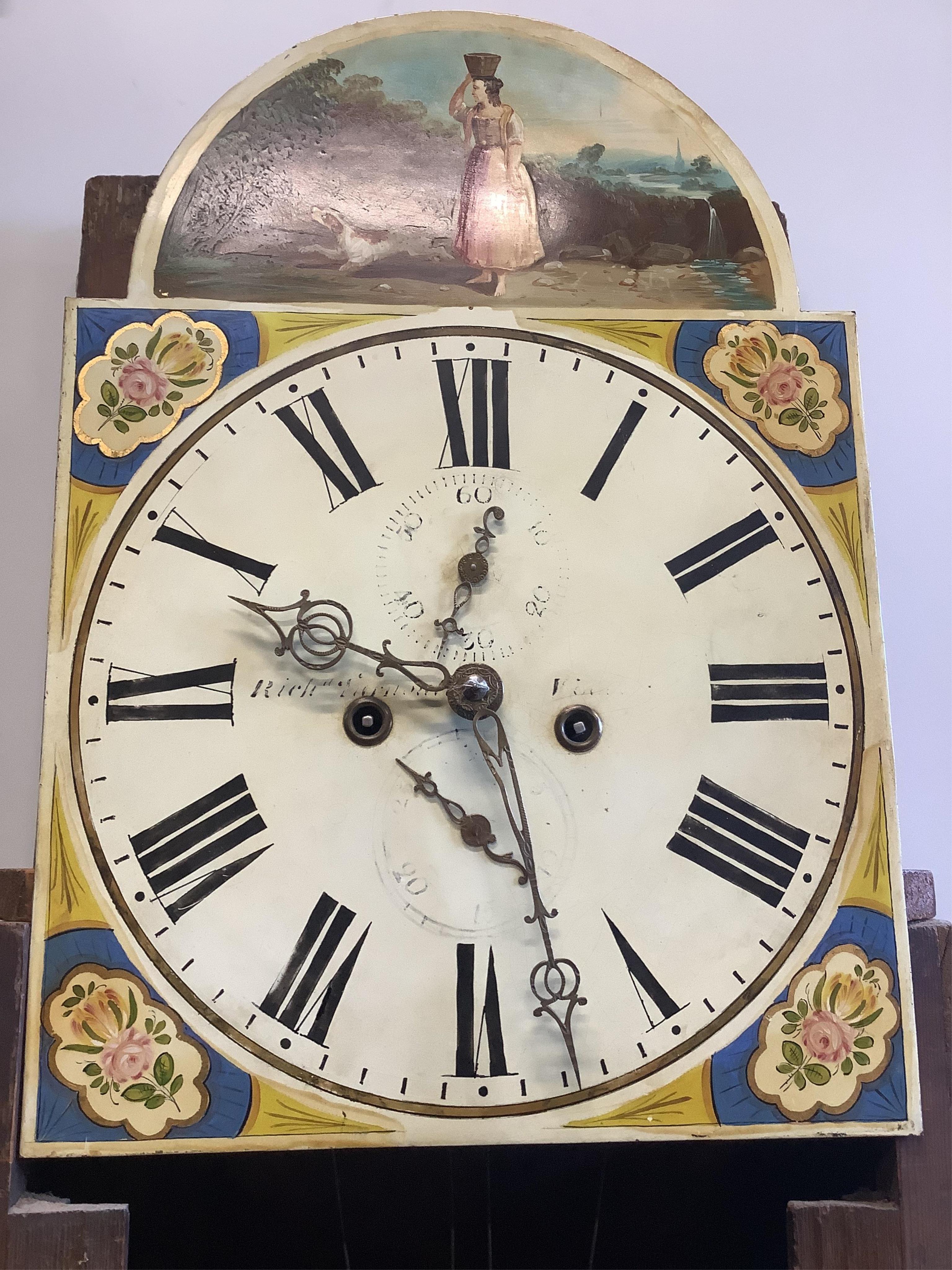 A Victorian banded mahogany and oak eight day longcase clock, height approx. 230cm. Condition - fair